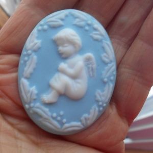 Angel Cameo brooch Pin Makers mark Blue vintage